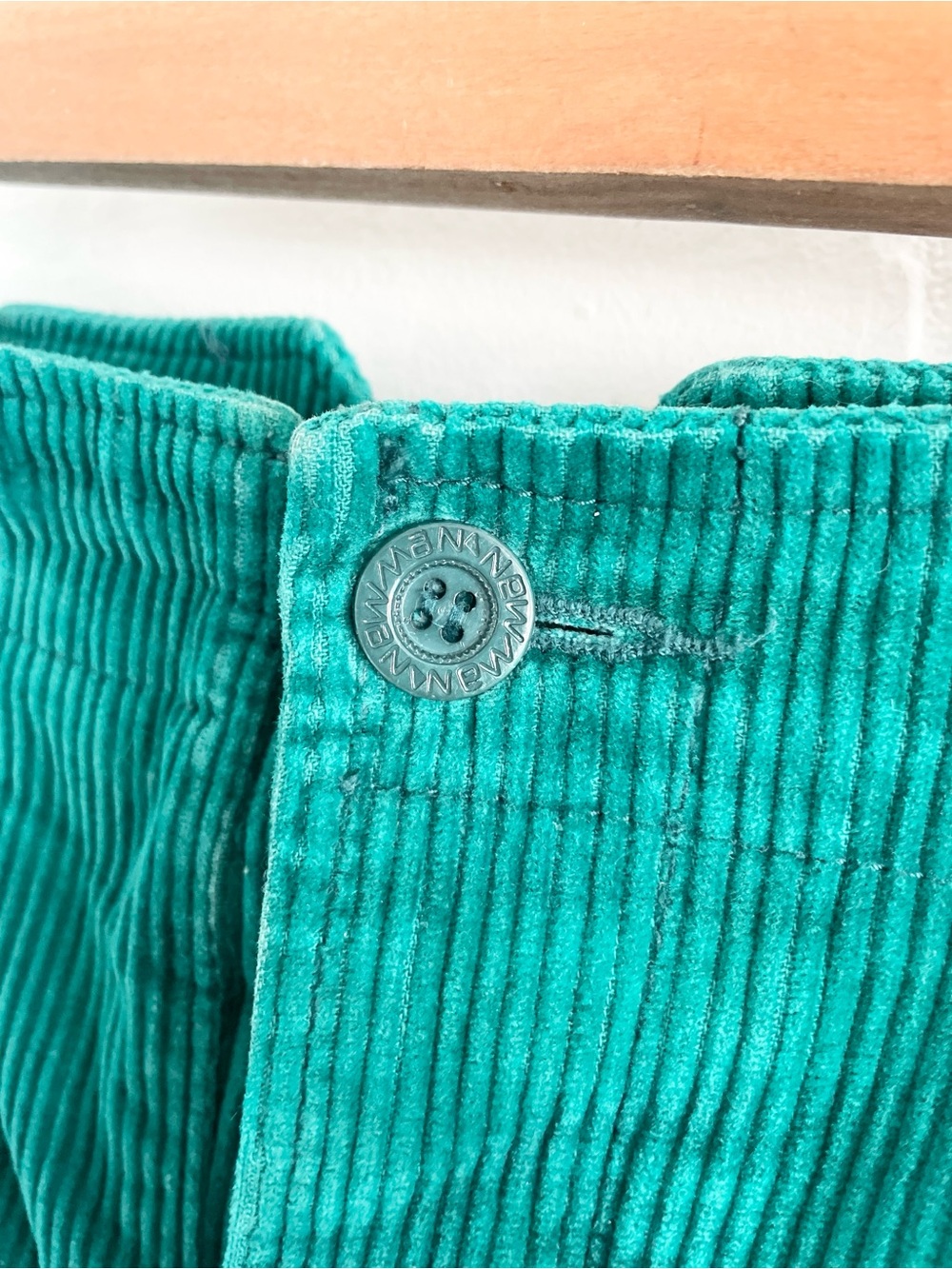 Vintage 70s Emerald Teal Corduroy Barrel Pants Leather Side Tabs Archive Size 10 - Picture 9 of 16